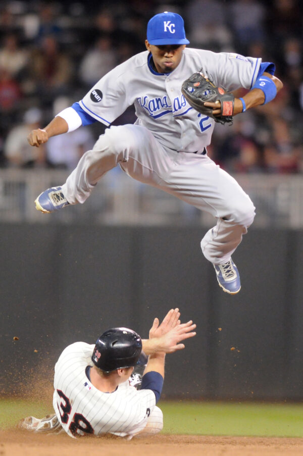 KC Royals short stop goes airborne